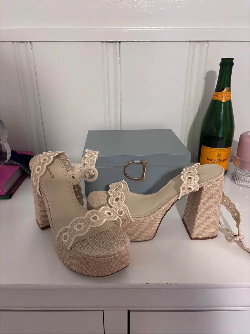 Larroude Dolly Broderie Sandal In Natural Raffia